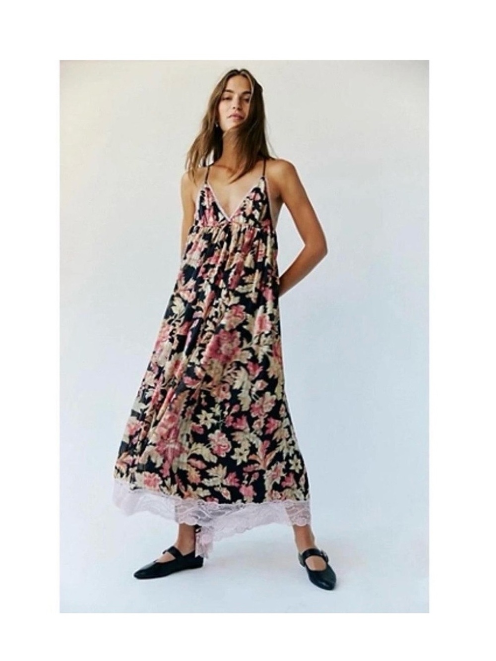 NWT Free People Primmy Printed Midi-Dress Black Floral Lace-Trim with Pink - Picture 2 of 13